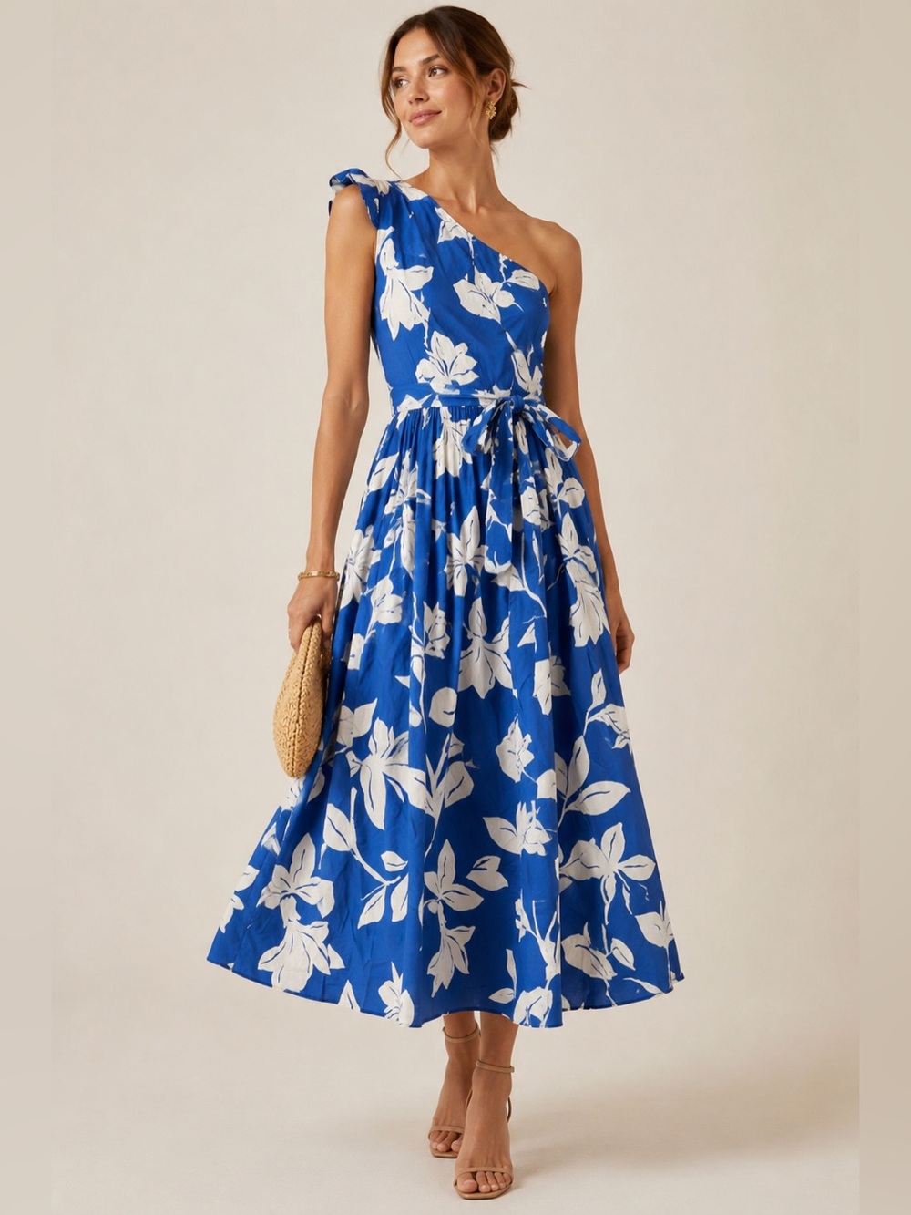 J. Crew Blue and White One-Shoulder Floral Midi Dress